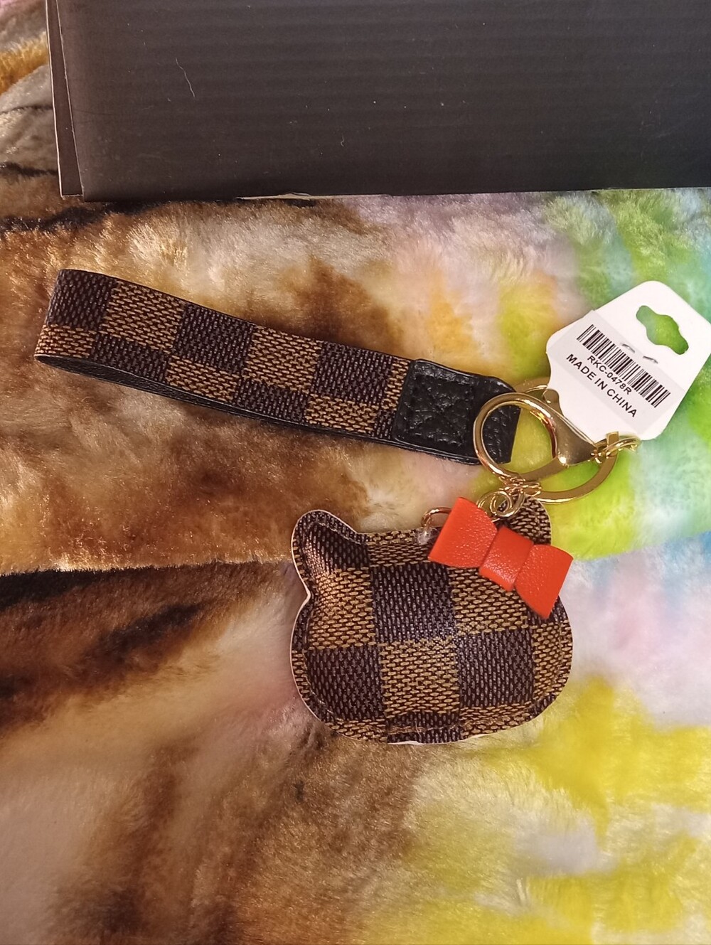 Unbranded Brown Check Cat Keychain Charm Wristlet with Red Bow NWT